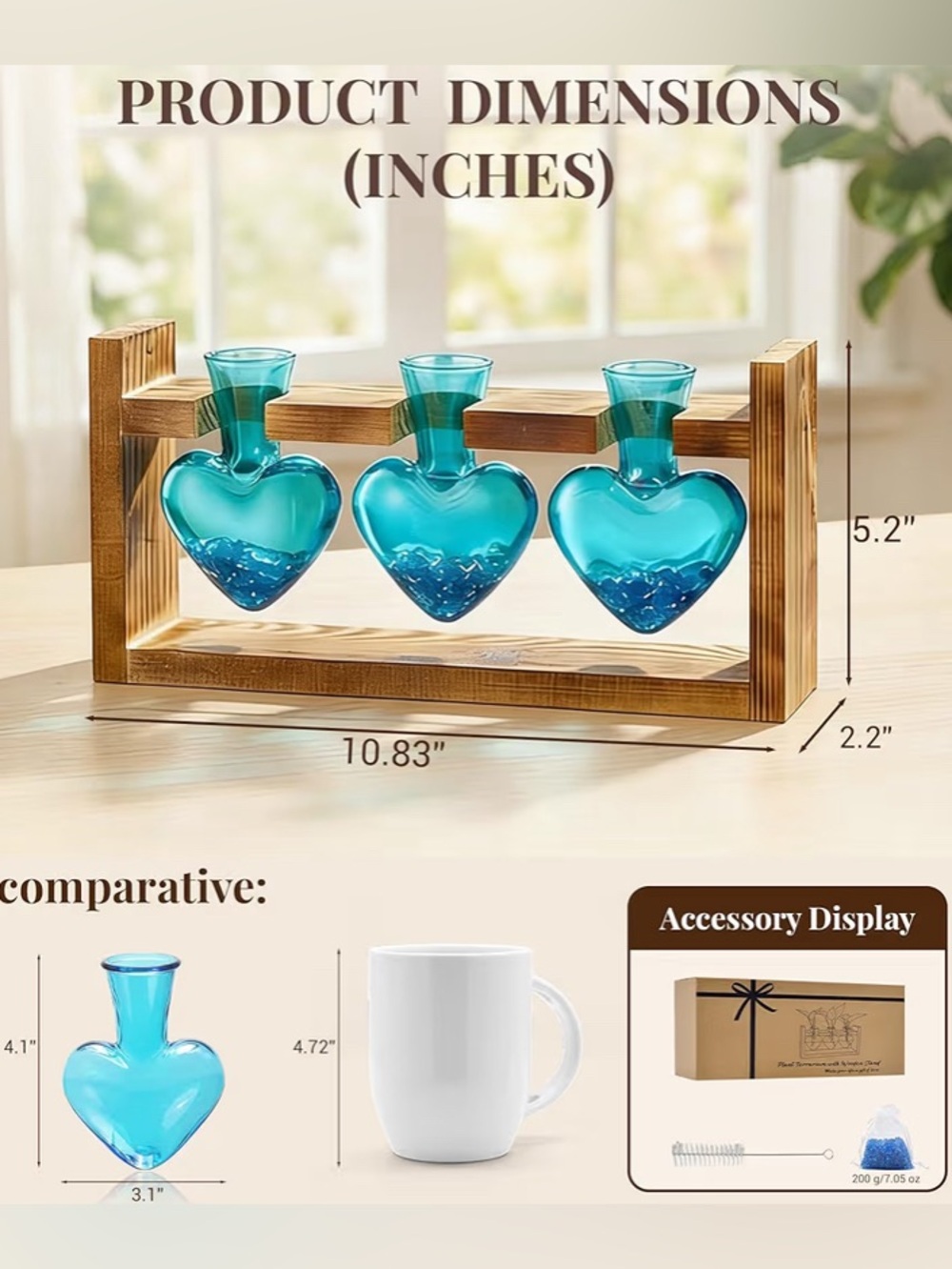 Turquoise Heart Glass Bud Vases with Wooden Frame - Set of 3 - Picture 3 of 4